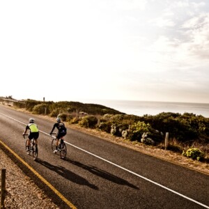 Sunday morning cruising along the waterfront of Barwon Heads - Torquay Road. Surfers and cyclists everywhere.